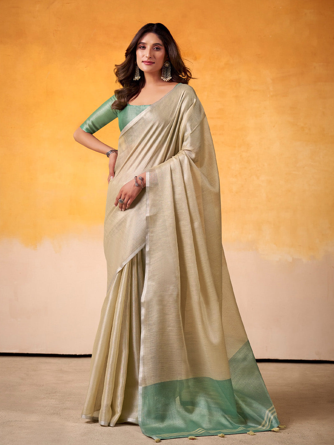 Sutriti Women Beige & Sea Green Solid Tissue Linen Saree with Zari Border