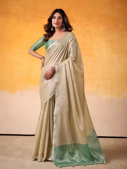 Sutriti Women Beige & Sea Green Solid Tissue Linen Saree with Zari Border