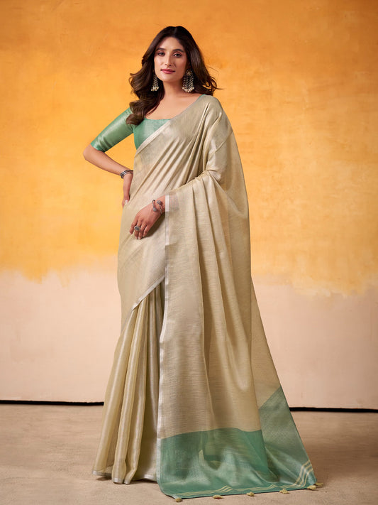 Sutriti Women Beige & Sea Green Solid Tissue Linen Saree with Zari Border