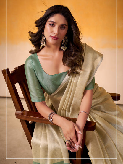 Sutriti Women Beige & Sea Green Solid Tissue Linen Saree with Zari Border
