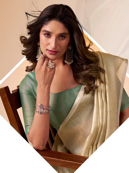 Sutriti Women Beige & Sea Green Solid Tissue Linen Saree with Zari Border