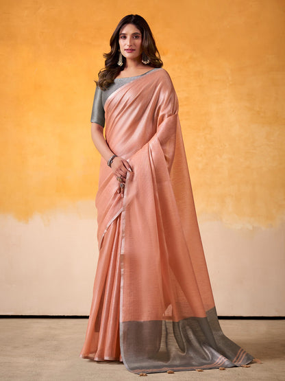 Sutriti Women Peach & Grey Solid Tissue Linen Saree with Zari Border