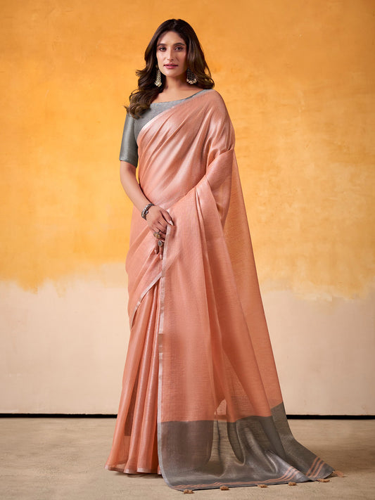 Sutriti Women Peach & Grey Solid Tissue Linen Saree with Zari Border