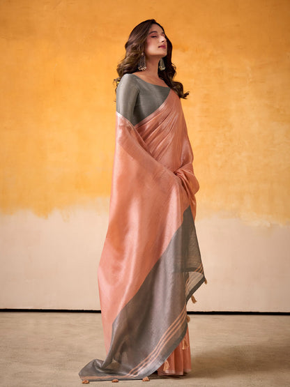 Sutriti Women Peach & Grey Solid Tissue Linen Saree with Zari Border