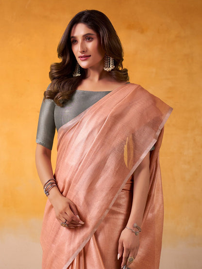 Sutriti Women Peach & Grey Solid Tissue Linen Saree with Zari Border