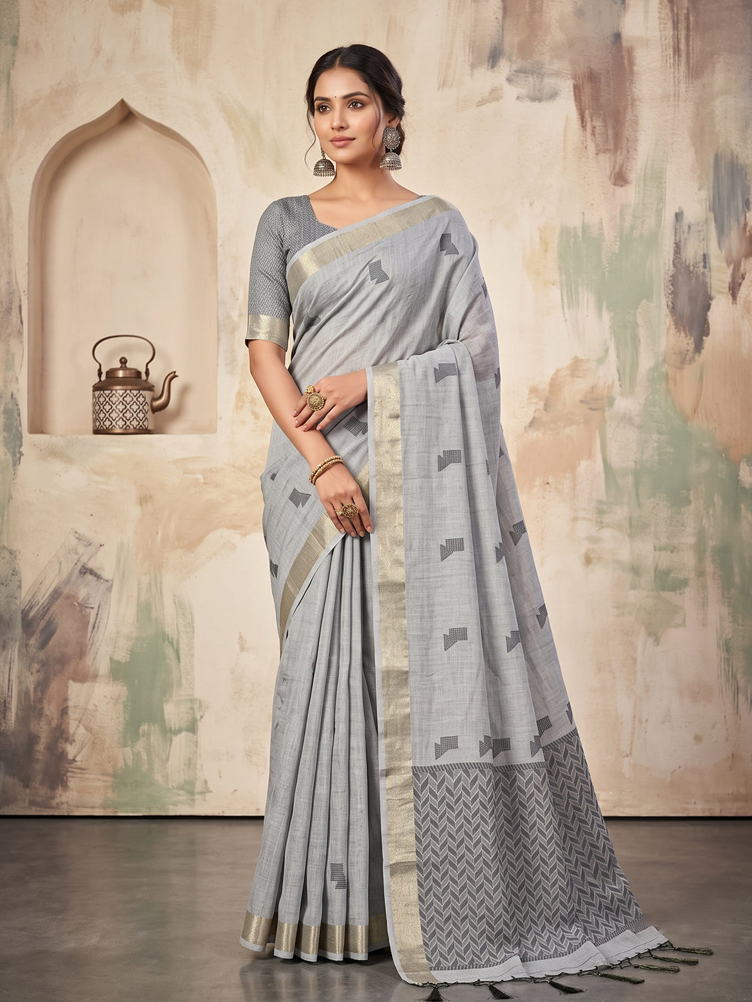 Sutriti Grey Linen Saree for Women Festive Party Wedding Wear
