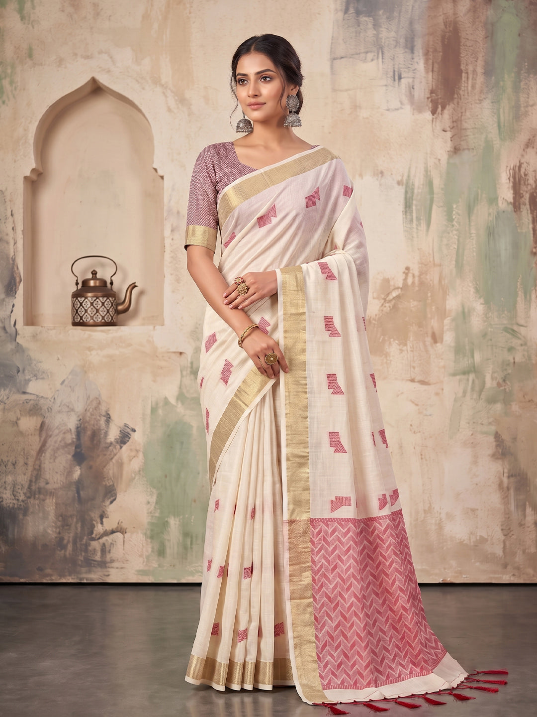 Sutriti Off White Linen Saree for Women Festive Wedding Wear