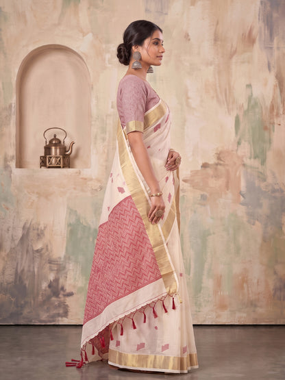 Sutriti Off White Linen Saree for Women Festive Wedding Wear