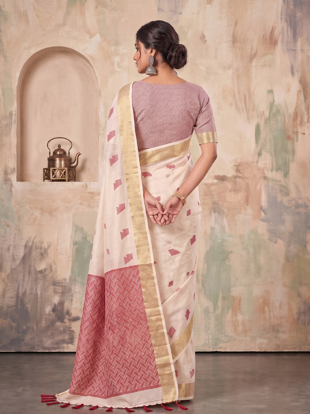 Sutriti Off White Linen Saree for Women Festive Wedding Wear