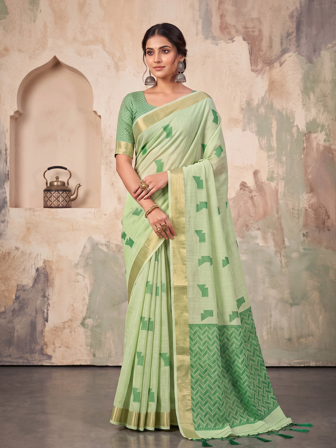 Sutriti Mehendi Green Linen Saree for Women Festive Party Wear