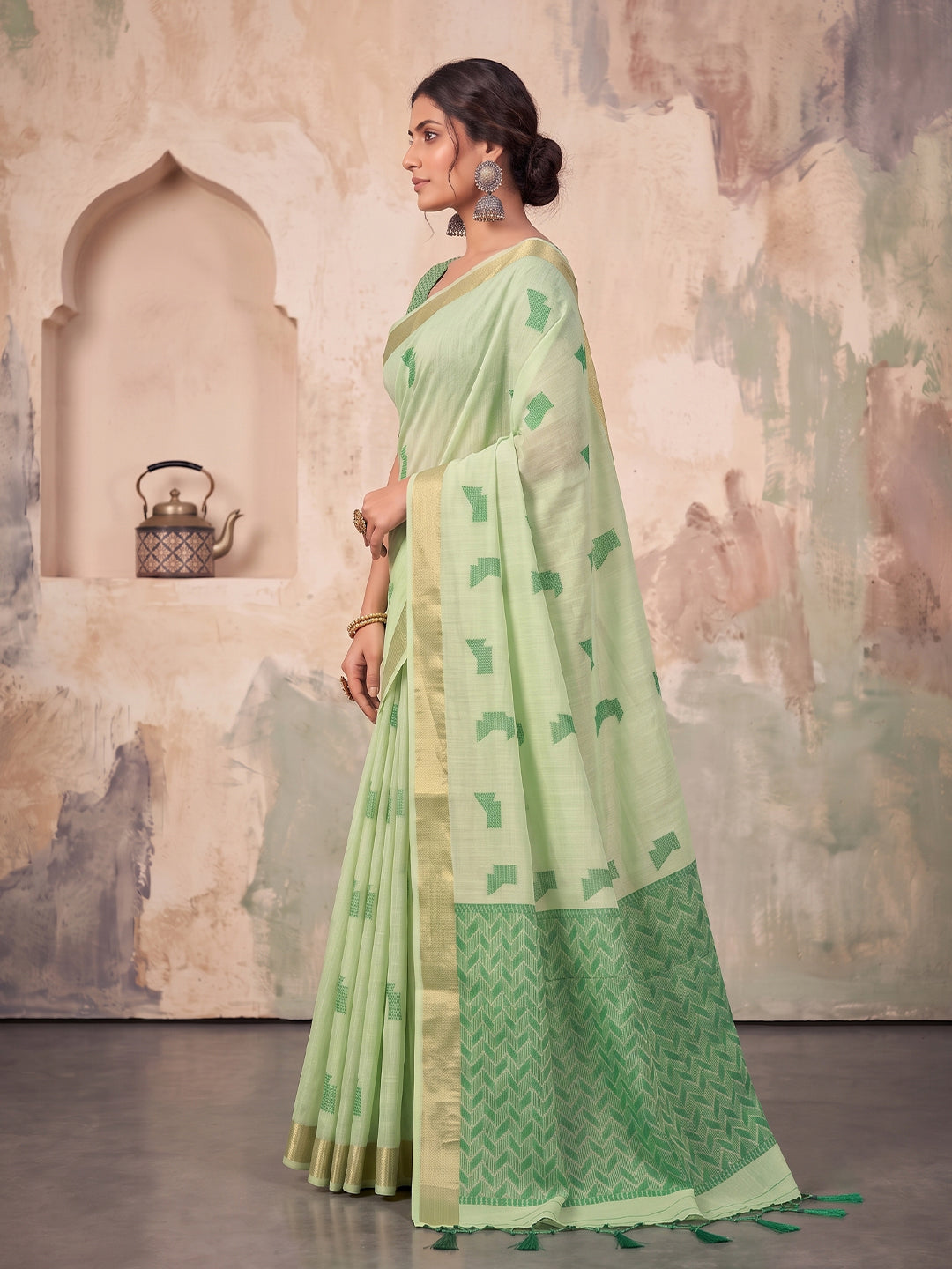 Sutriti Mehendi Green Linen Saree for Women Festive Party Wear