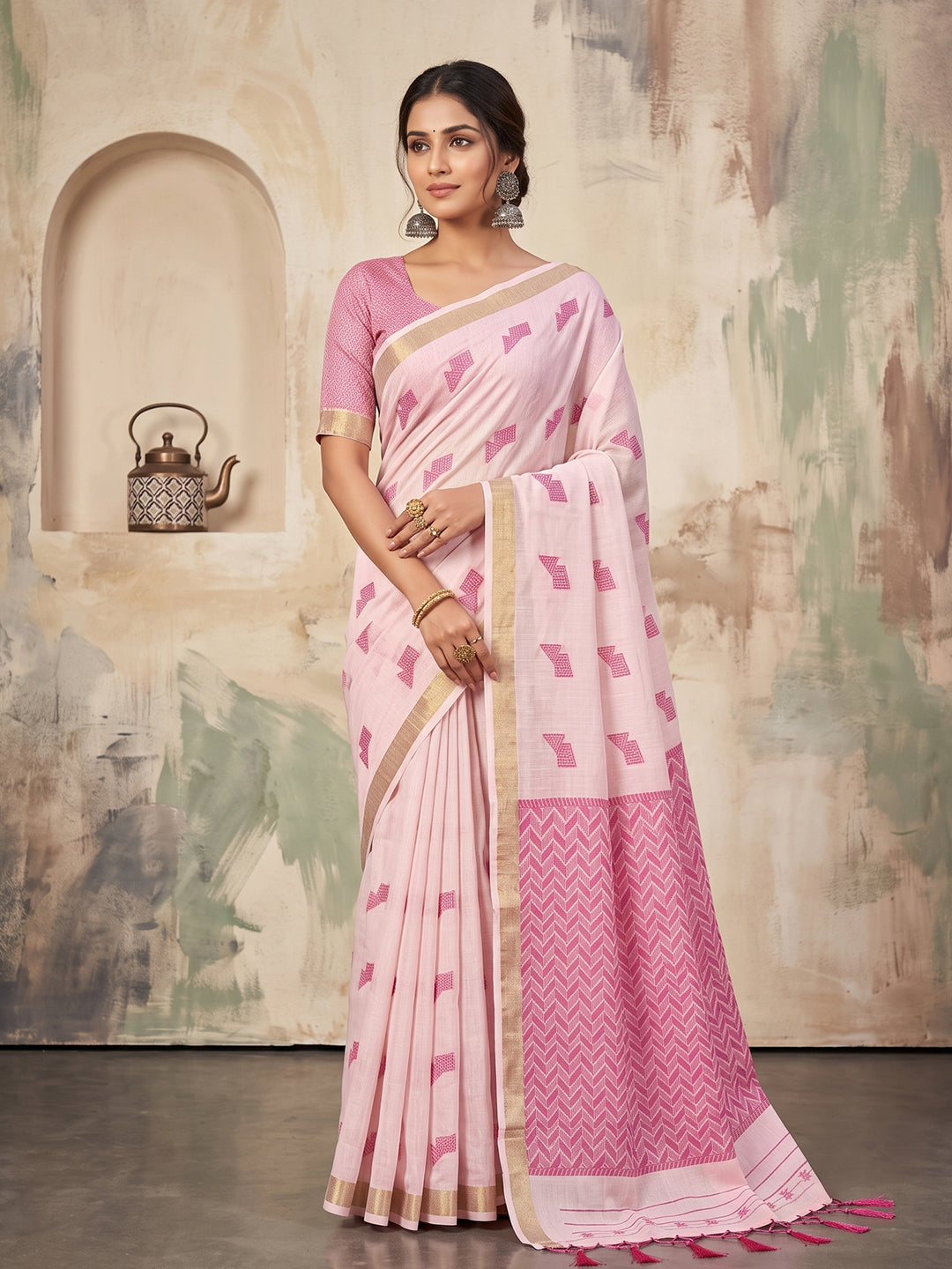 Sutriti Pink Linen Saree for Women Festive Party Wedding Wear