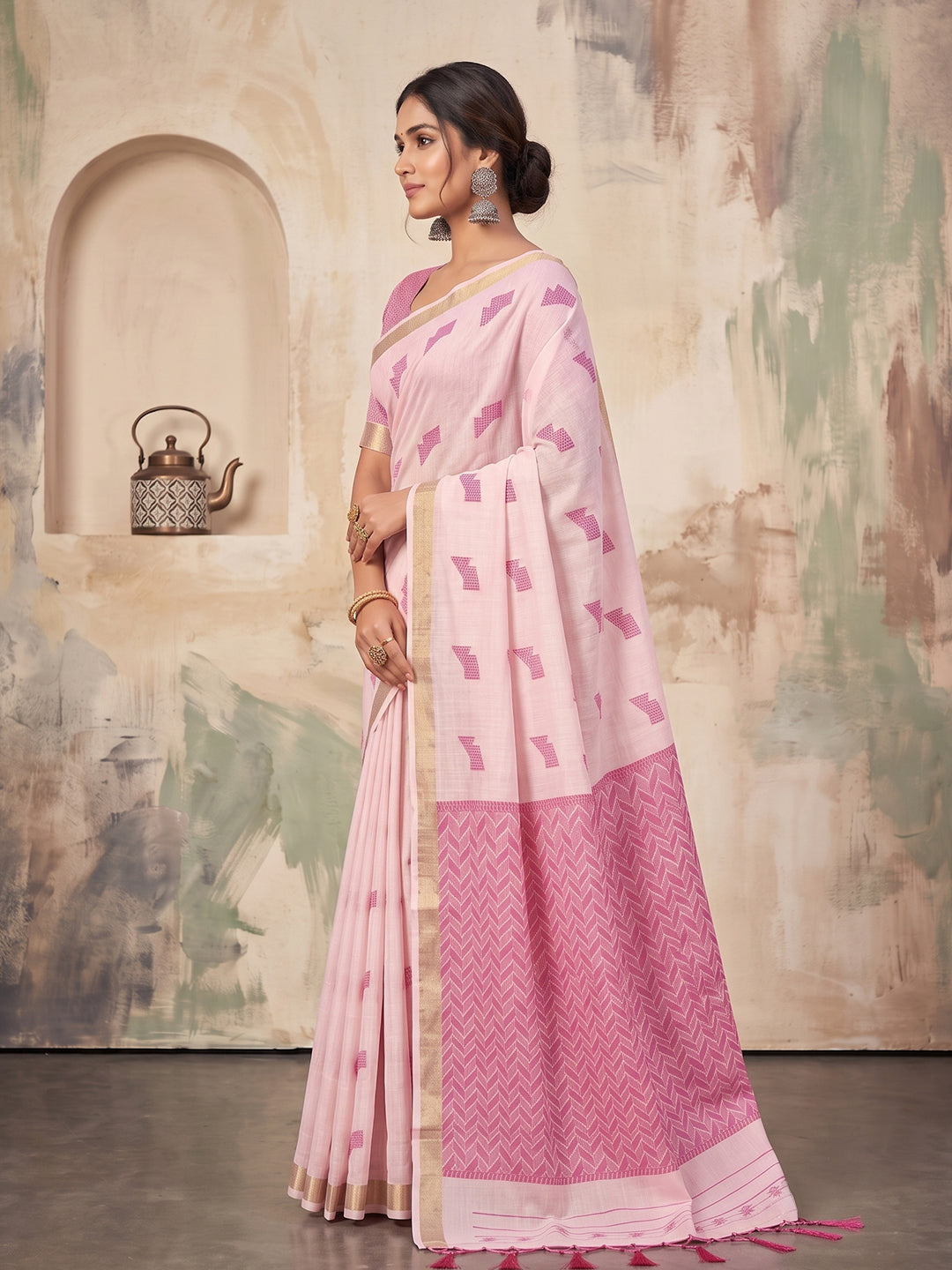 Sutriti Pink Linen Saree for Women Festive Party Wedding Wear