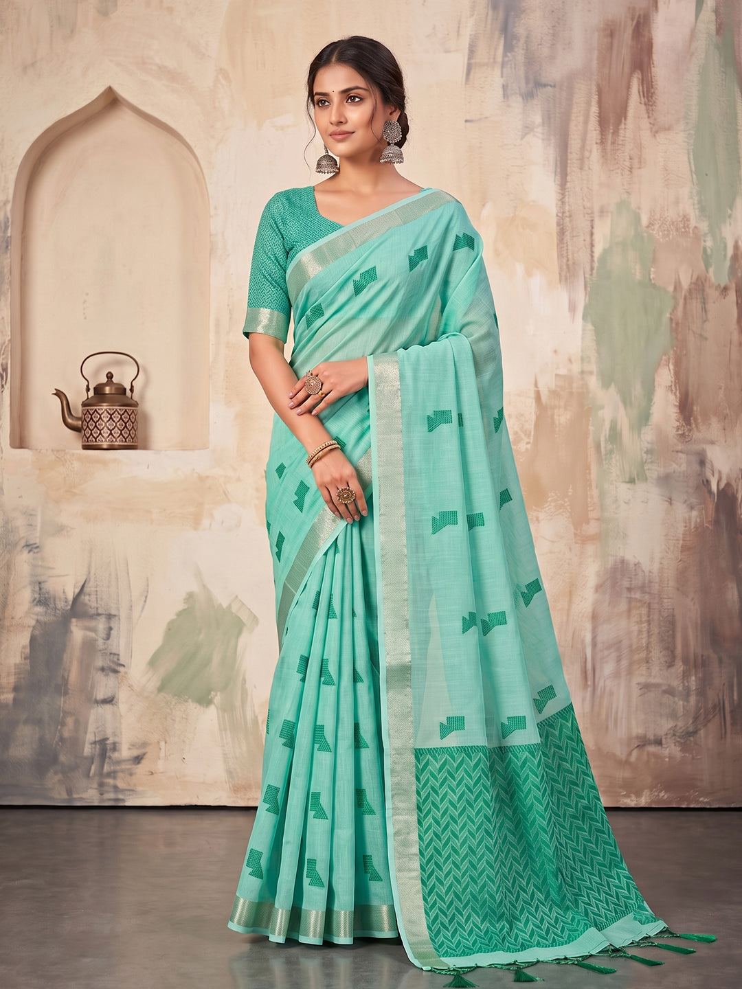 Sutriti Sky Blue Linen Saree for Women Festive Party Wear