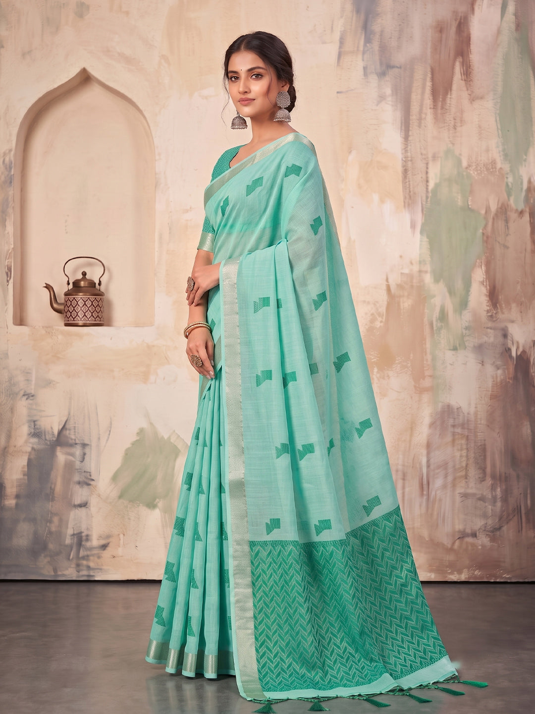 Sutriti Sky Blue Linen Saree for Women Festive Party Wear