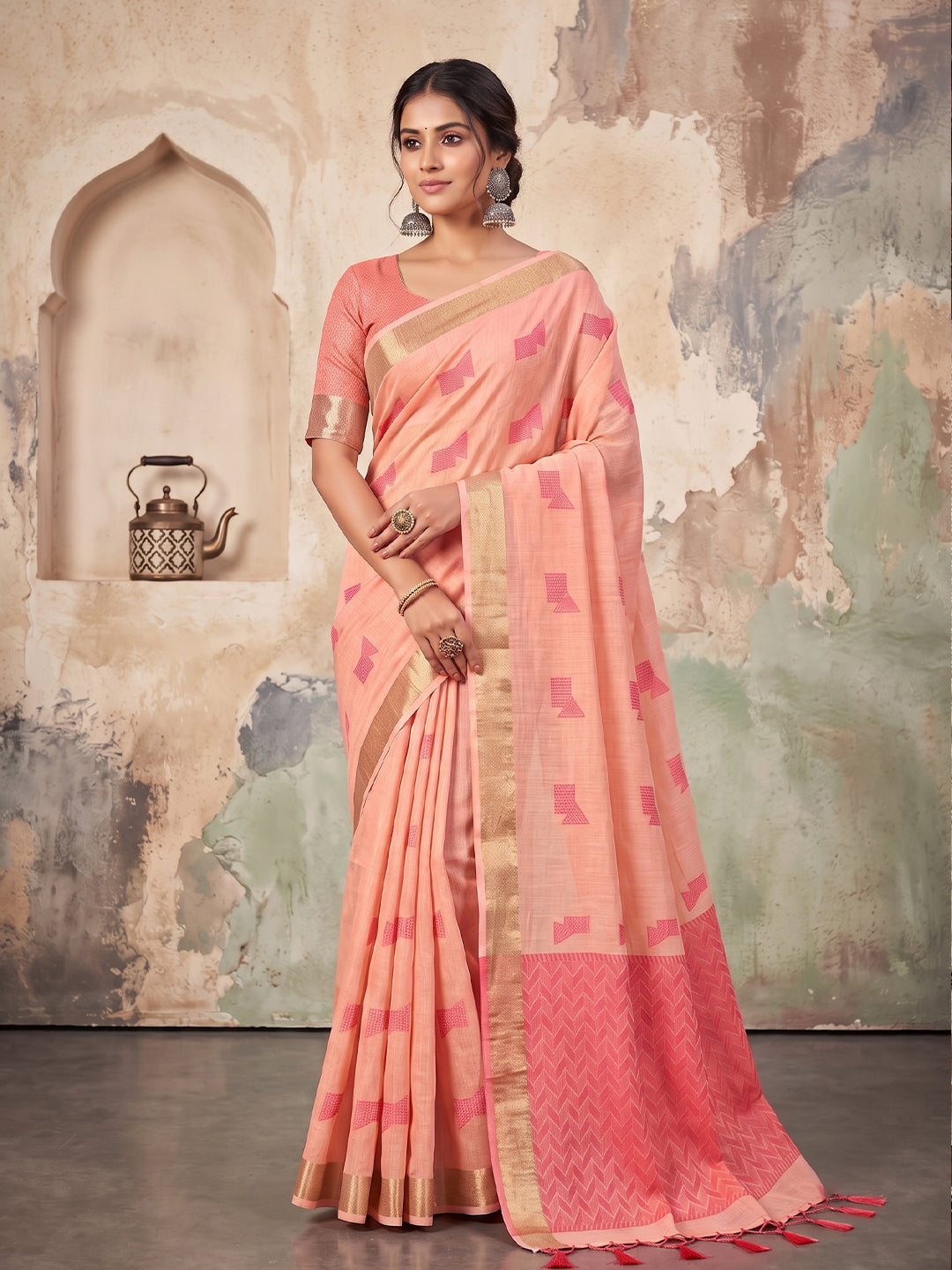 Sutriti Rose Pink Linen Saree for Women Festive Wedding Wear