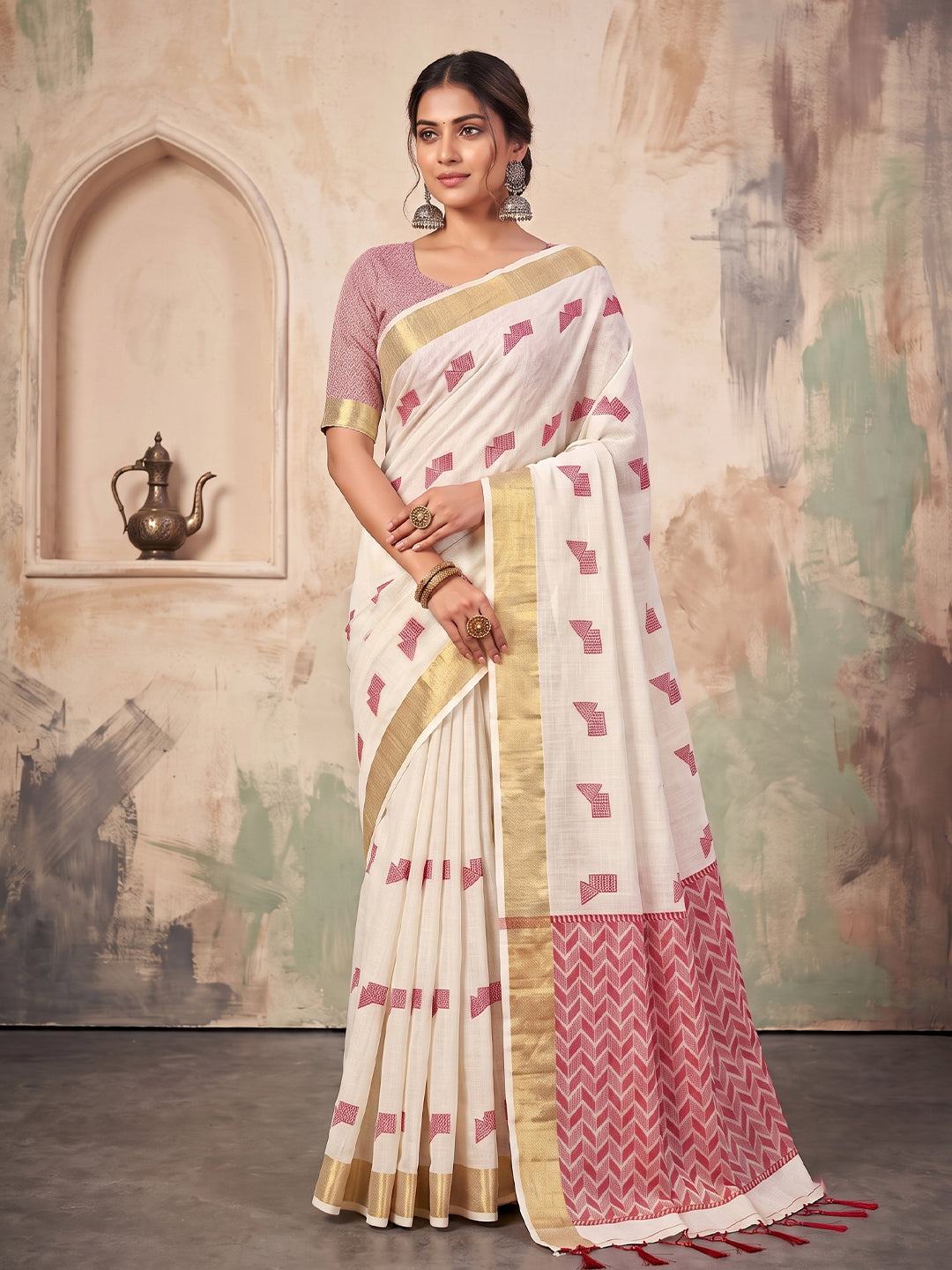 Sutriti Off White Linen Saree for Women Festive Wedding Wear