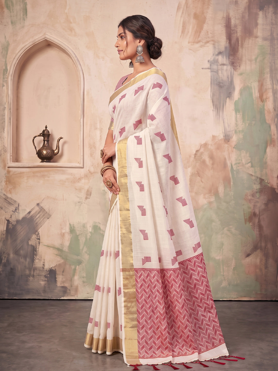 Sutriti Off White Linen Saree for Women Festive Wedding Wear