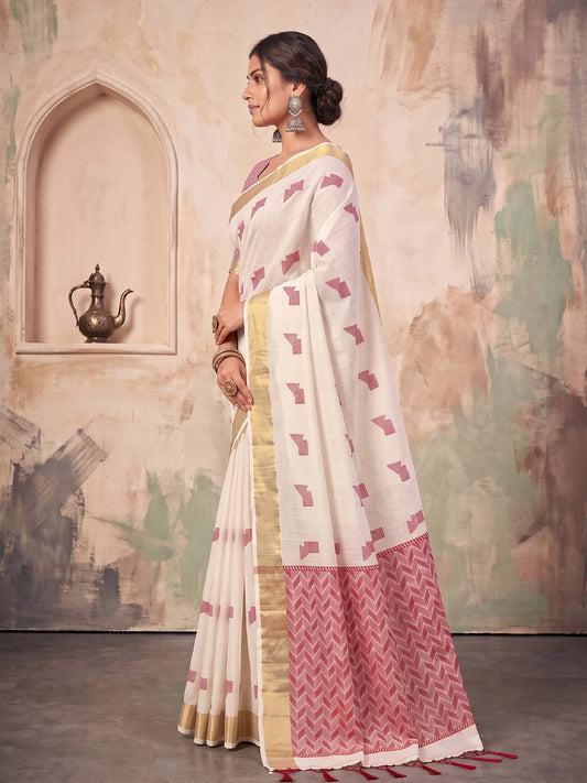 Sutriti Off White Linen Saree for Women Festive Wedding Wear