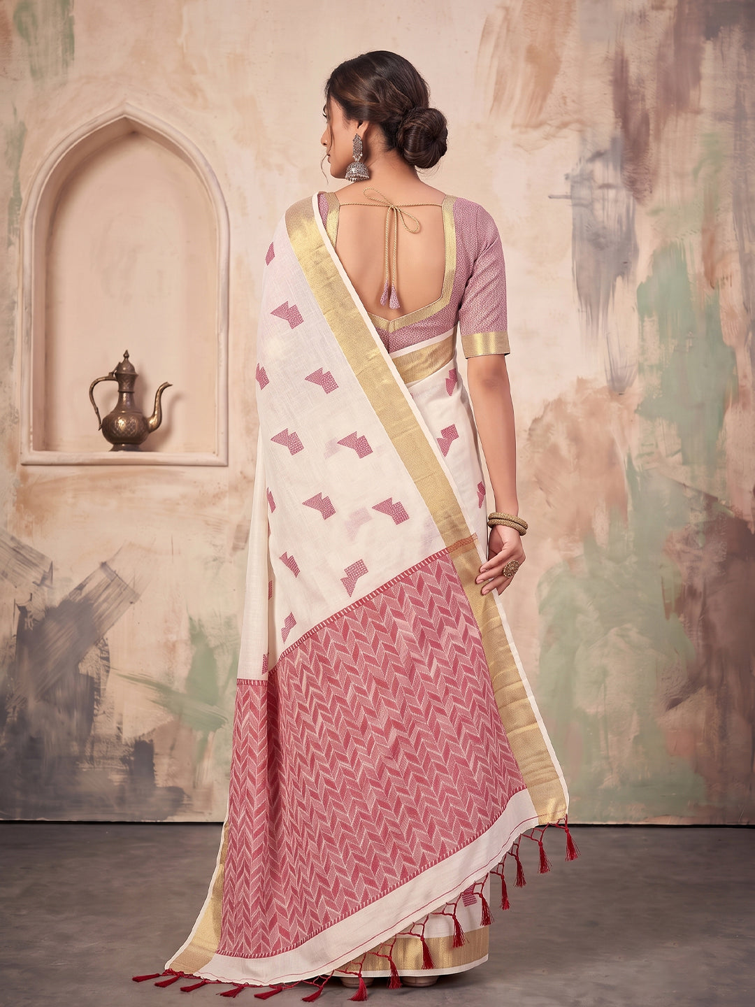 Sutriti Off White Linen Saree for Women Festive Wedding Wear