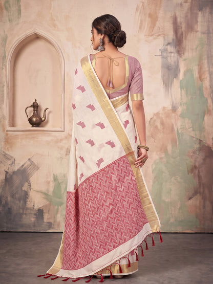 Sutriti Off White Linen Saree for Women Festive Wedding Wear