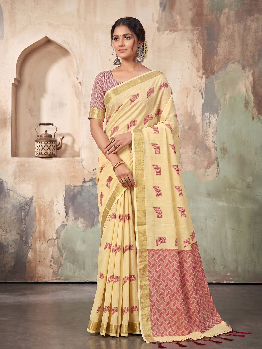 Sutriti Cream Linen Saree for Women Festive Party Wedding Wear