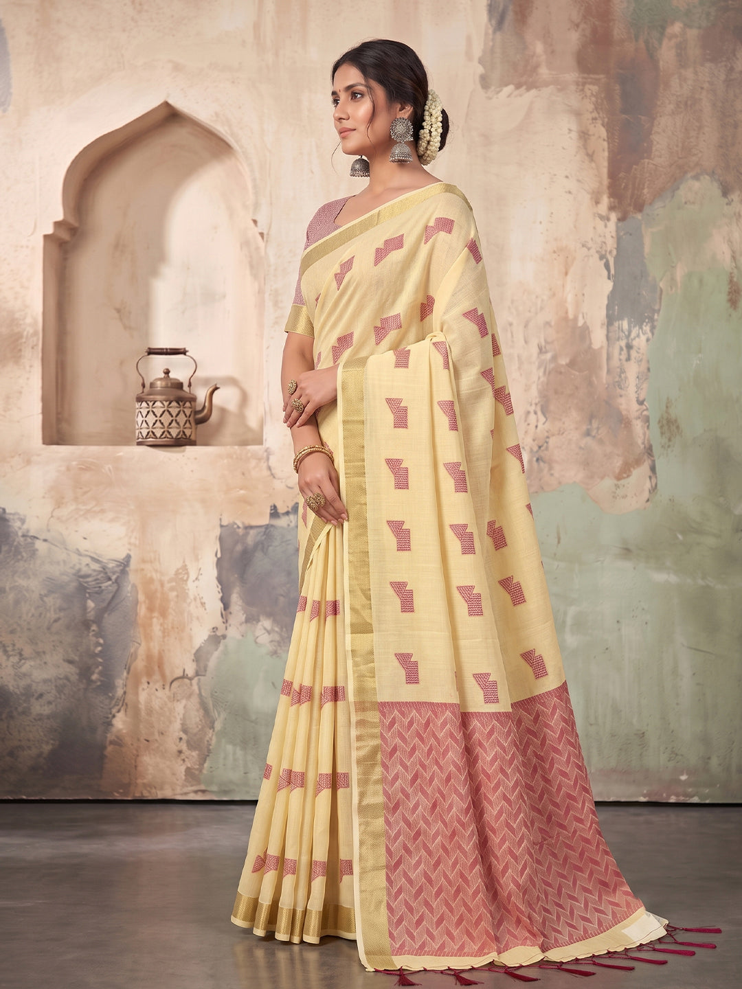 Sutriti Cream Linen Saree for Women Festive Party Wedding Wear
