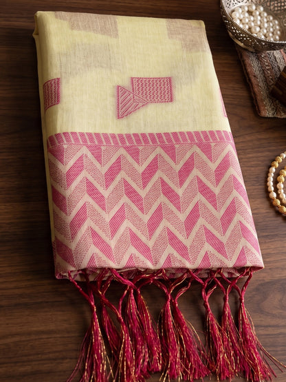 Sutriti Cream Linen Saree for Women Festive Party Wedding Wear