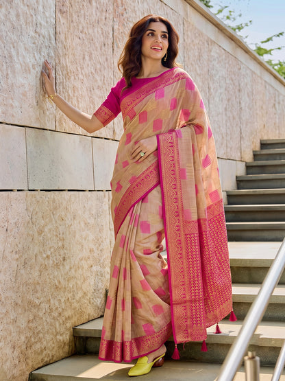 Sutriti Beige Pure Cotton Saree For Women | Pink Border Festive & Party Ethnic Wear