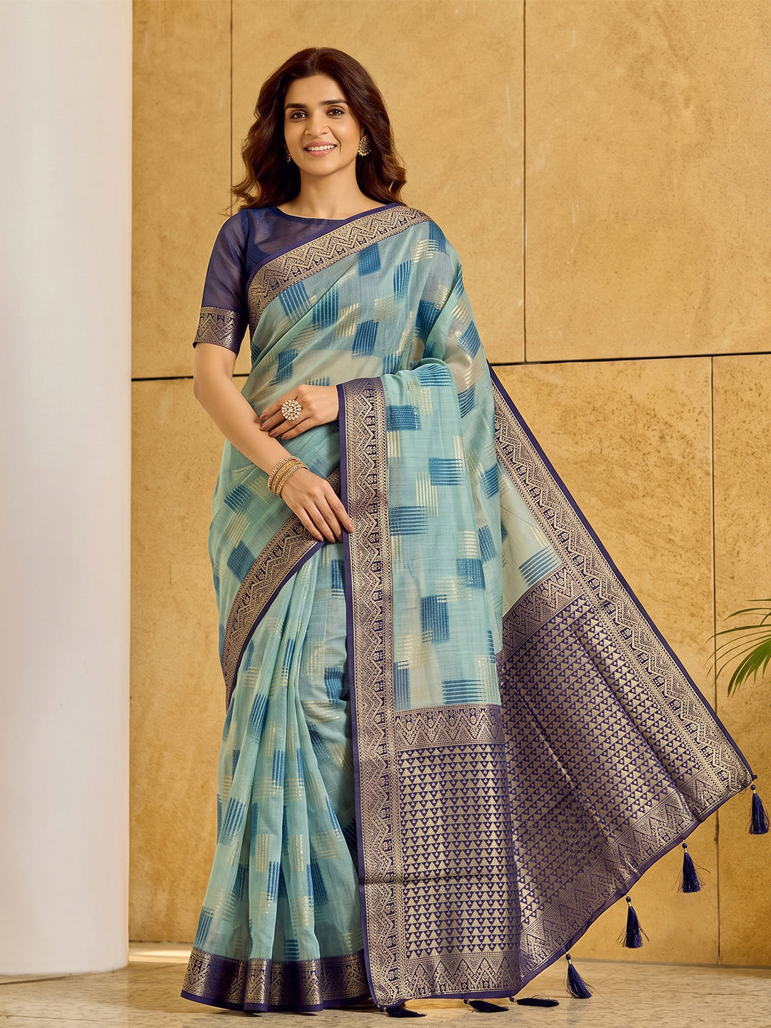 Sutriti Sky Blue Pure Cotton Saree For Women | Navy Border Festive & Party Ethnic Wear