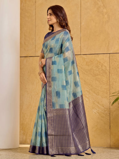 Sutriti Sky Blue Pure Cotton Saree For Women | Navy Border Festive & Party Ethnic Wear