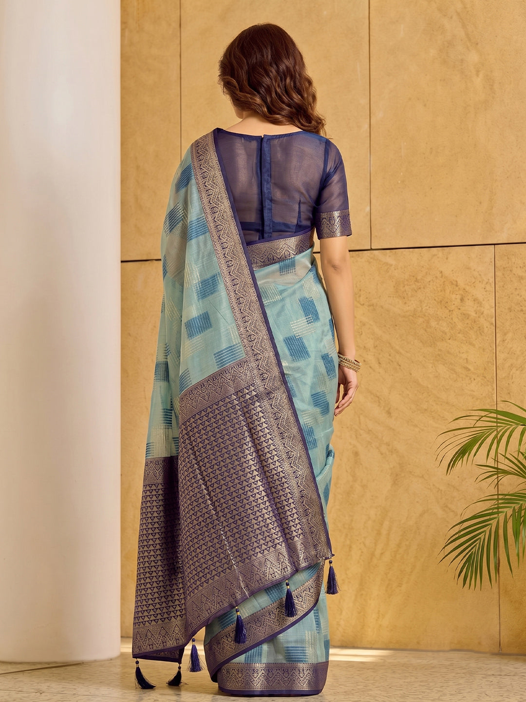 Sutriti Sky Blue Pure Cotton Saree For Women | Navy Border Festive & Party Ethnic Wear