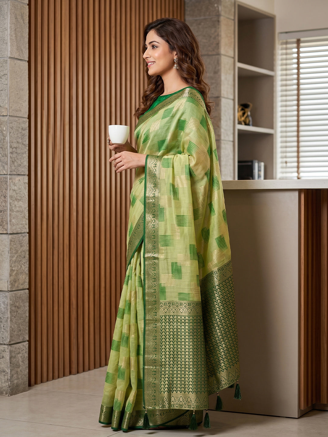 Sutriti Light Green Pure Cotton Saree For Women | Dark Green Border Festive Party Wear