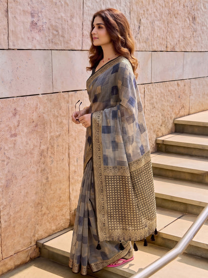 Sutriti Grey Pure Cotton Saree For Women | Black Zari Border Formal & Party Ethnic Wear