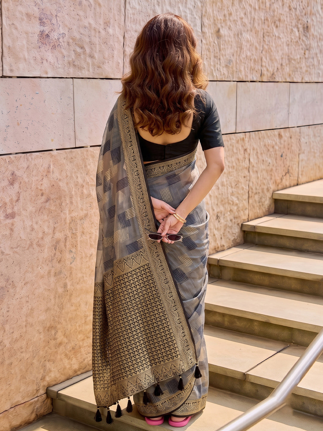 Sutriti Grey Pure Cotton Saree For Women | Black Zari Border Formal & Party Ethnic Wear