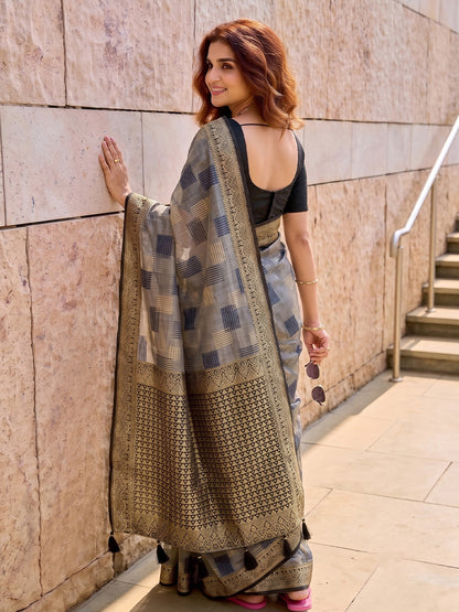 Sutriti Grey Pure Cotton Saree For Women | Black Zari Border Formal & Party Ethnic Wear