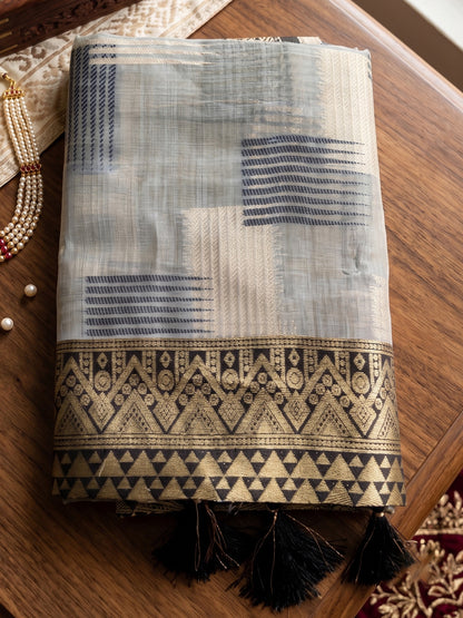 Sutriti Grey Pure Cotton Saree For Women | Black Zari Border Formal & Party Ethnic Wear