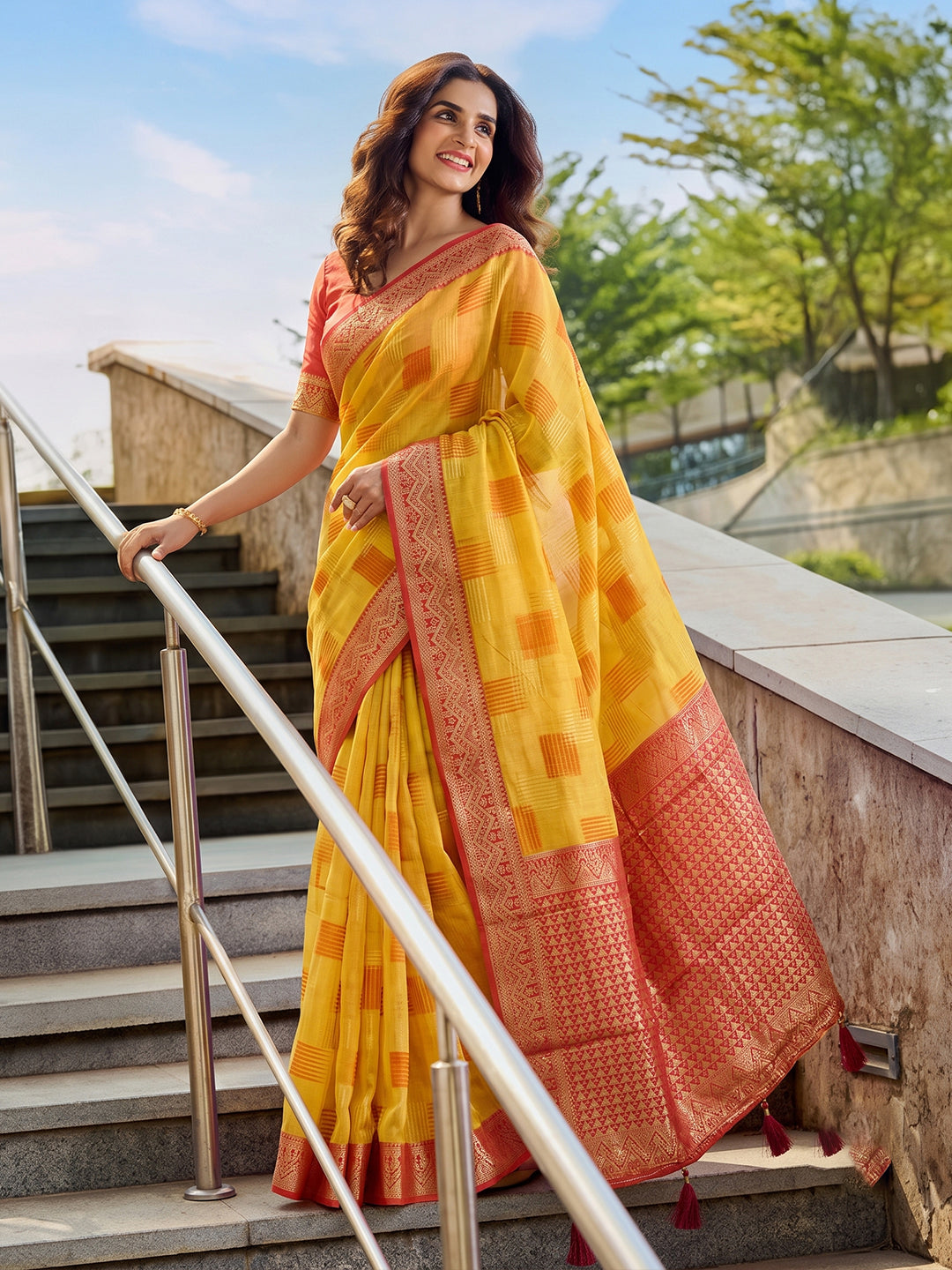 Sutriti Mustard Pure Cotton Saree For Women | Red Zari Border Festive & Wedding Attire