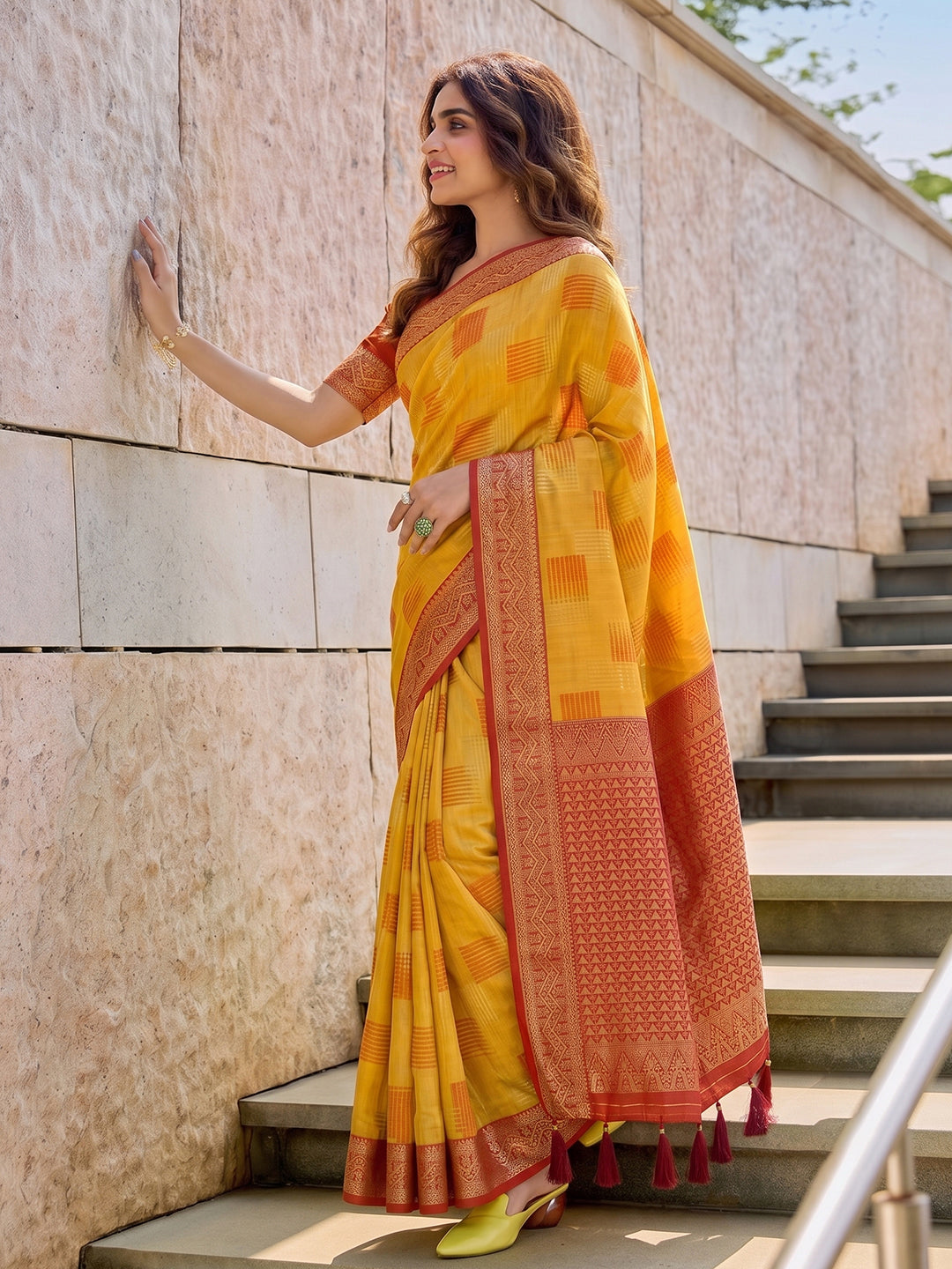 Sutriti Mustard Pure Cotton Saree For Women | Red Zari Border Festive & Wedding Attire