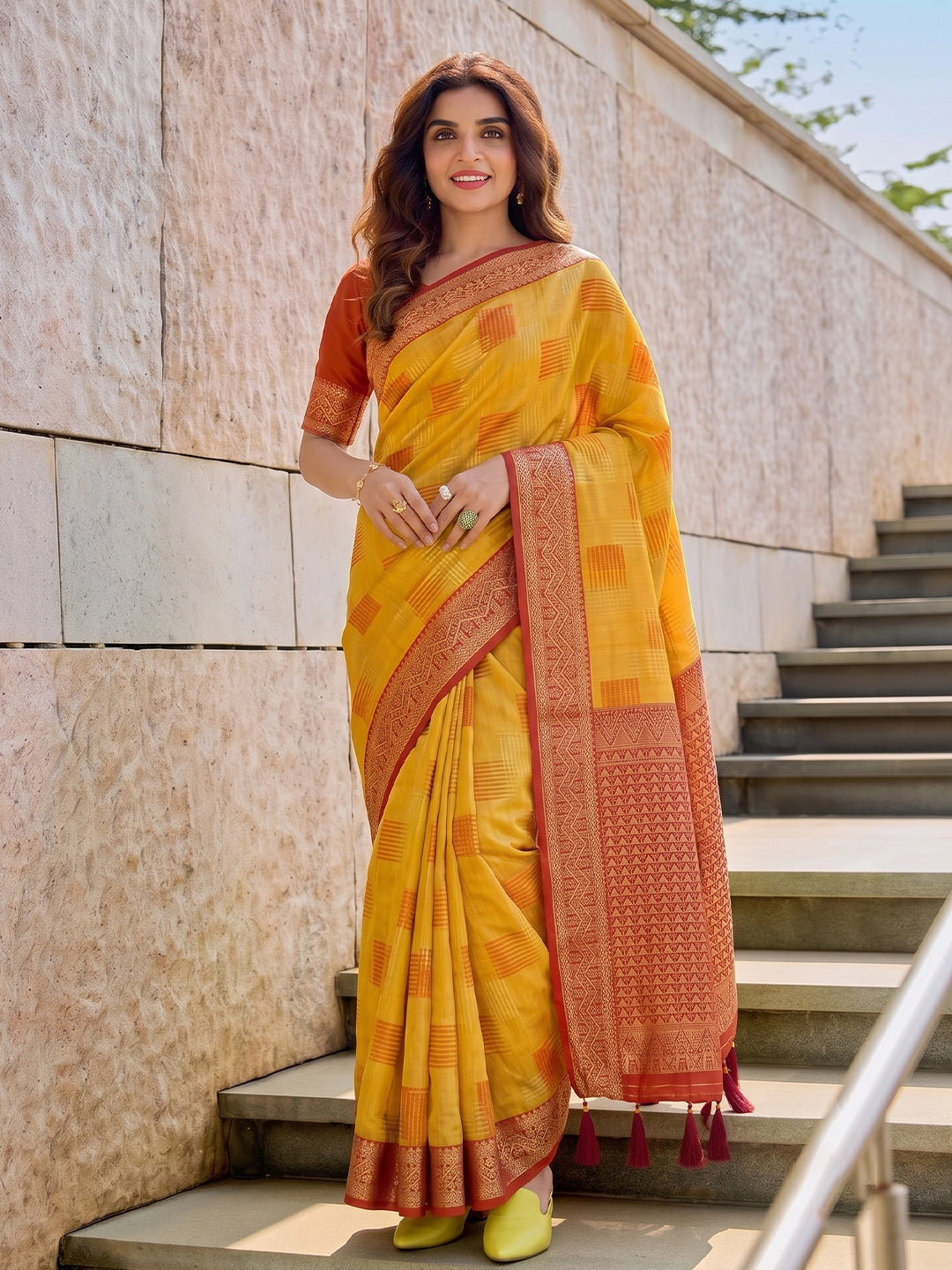 Sutriti Mustard Pure Cotton Saree For Women | Red Zari Border Festive & Wedding Attire