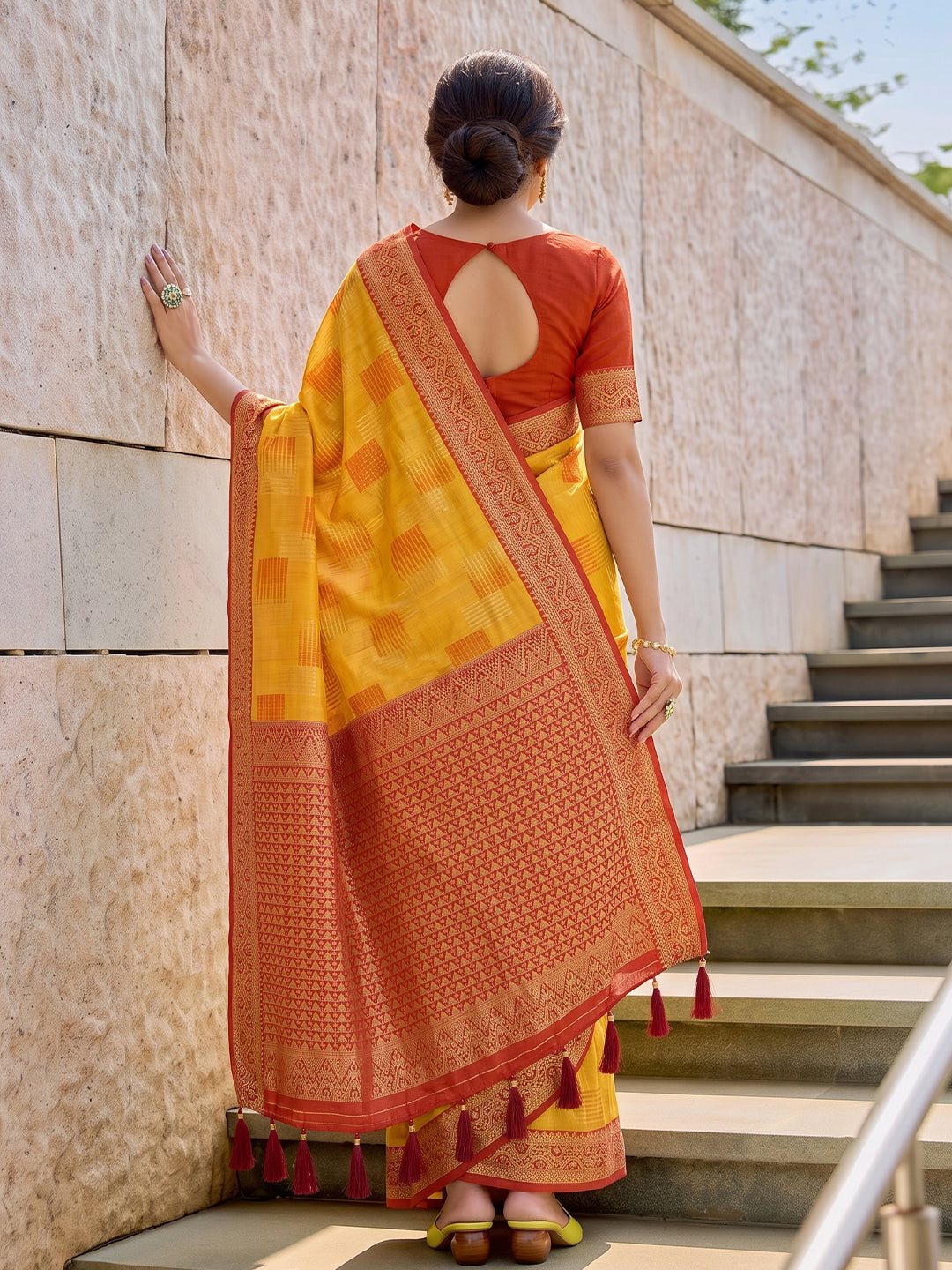 Sutriti Mustard Pure Cotton Saree For Women | Red Zari Border Festive & Wedding Attire