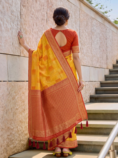 Sutriti Mustard Pure Cotton Saree For Women | Red Zari Border Festive & Wedding Attire