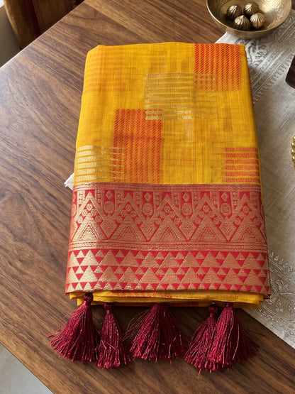 Sutriti Mustard Pure Cotton Saree For Women | Red Zari Border Festive & Wedding Attire