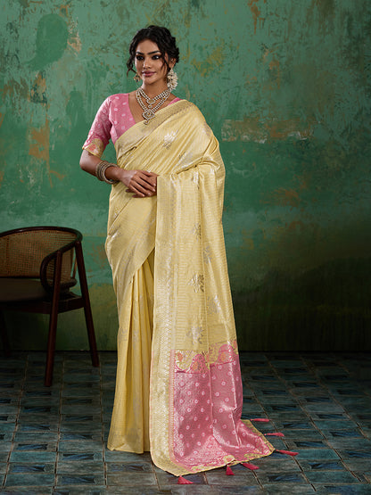 Sutriti Yellow & Pink Cotton Silk Saree for Women - Festive Wedding Party Wear Ethnic Saree