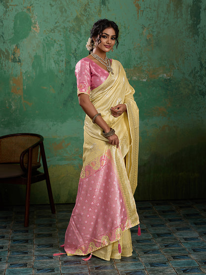 Sutriti Yellow & Pink Cotton Silk Saree for Women - Festive Wedding Party Wear Ethnic Saree