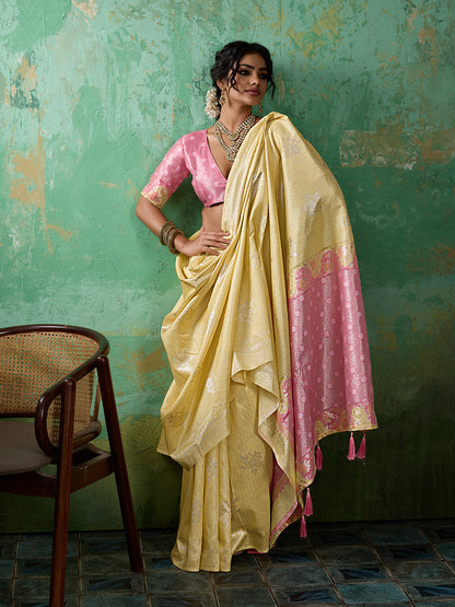 Sutriti Yellow & Pink Cotton Silk Saree for Women - Festive Wedding Party Wear Ethnic Saree