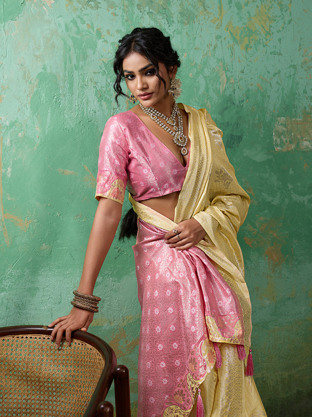 Sutriti Yellow & Pink Cotton Silk Saree for Women - Festive Wedding Party Wear Ethnic Saree