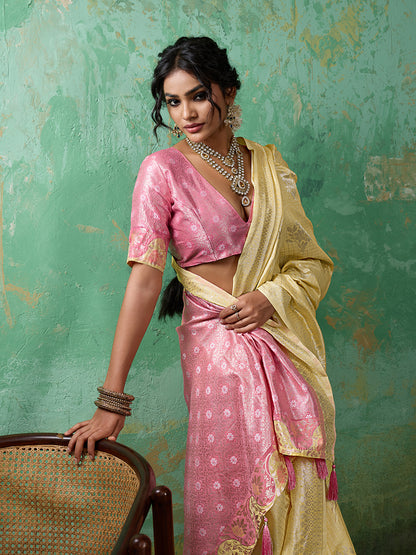 Sutriti Yellow & Pink Cotton Silk Saree for Women - Festive Wedding Party Wear Ethnic Saree