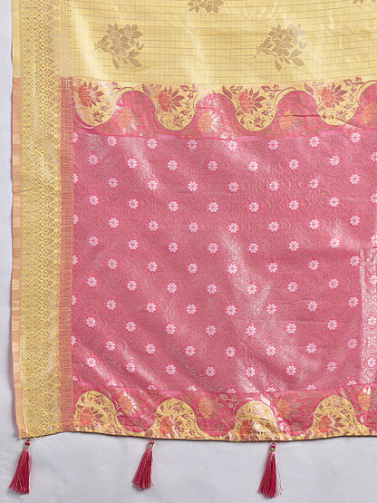 Sutriti Yellow & Pink Cotton Silk Saree for Women - Festive Wedding Party Wear Ethnic Saree
