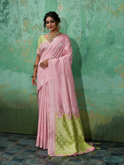 Sutriti Peach & Mehendi Green Cotton Silk Saree for Women - Festive Wedding Party Wear Ethnic Saree